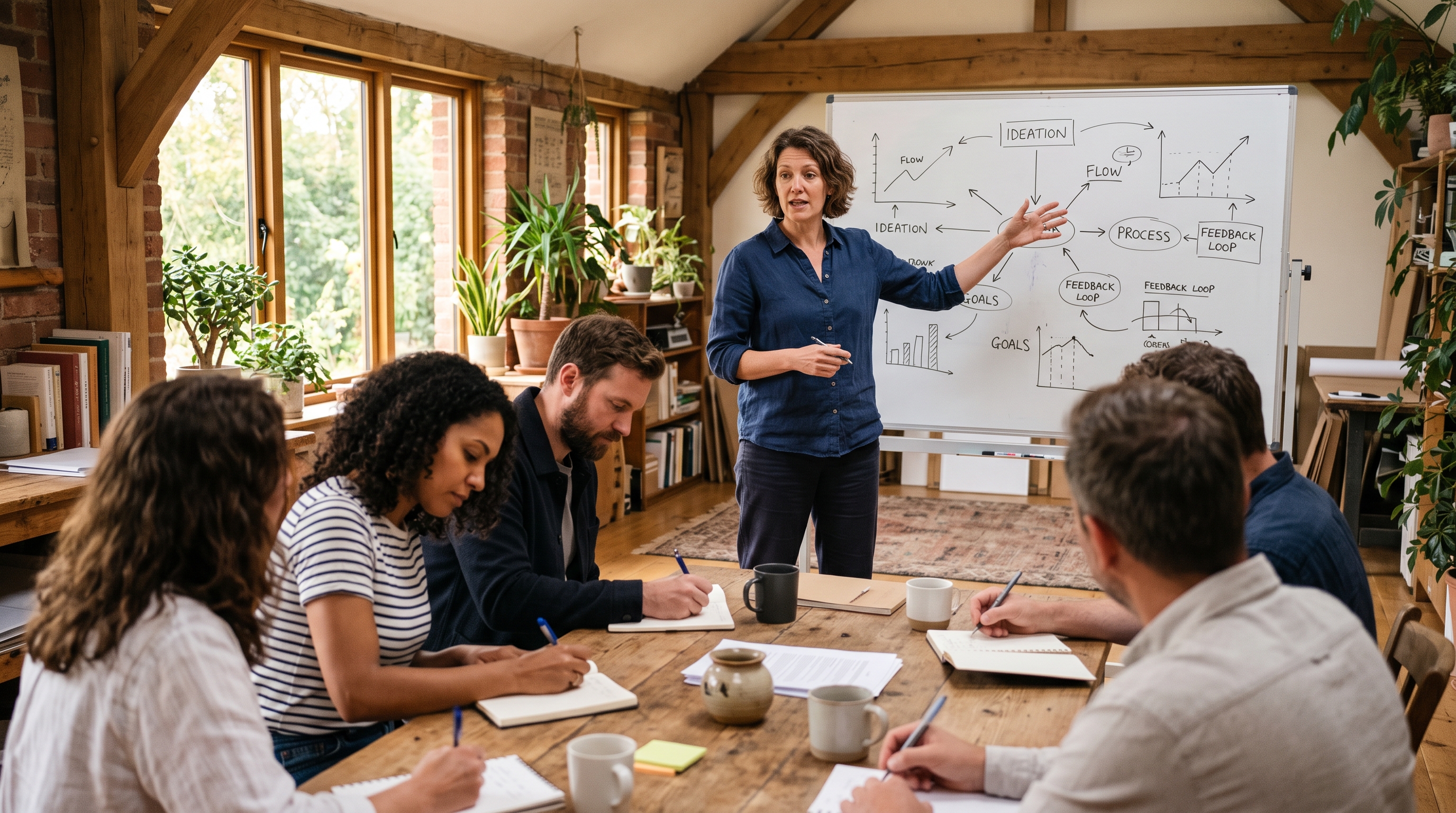 Trainer facilitando una sesión de trabajo con un grupo pequeño